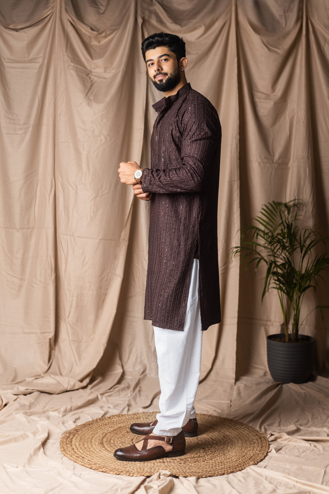 Dark Brown Embroidery and Sequence Kurta