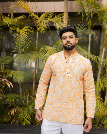 Saffron Leaf Print Short Kurta