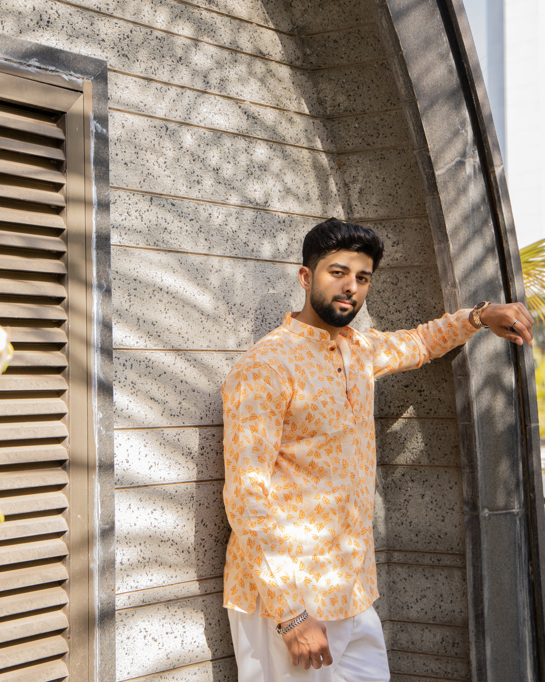 Saffron Leaf Print Short Kurta