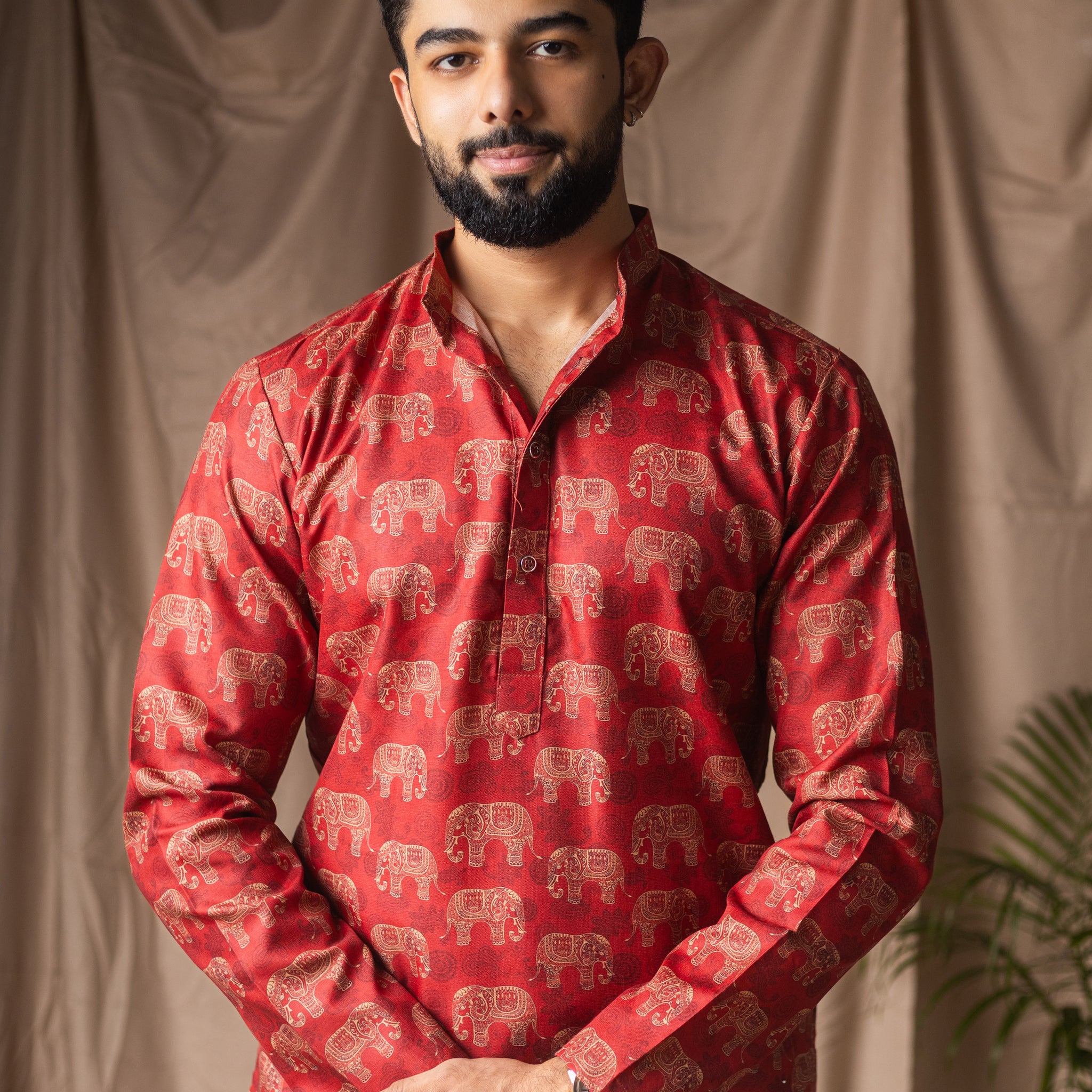 Red Linen Blend Short Kurta