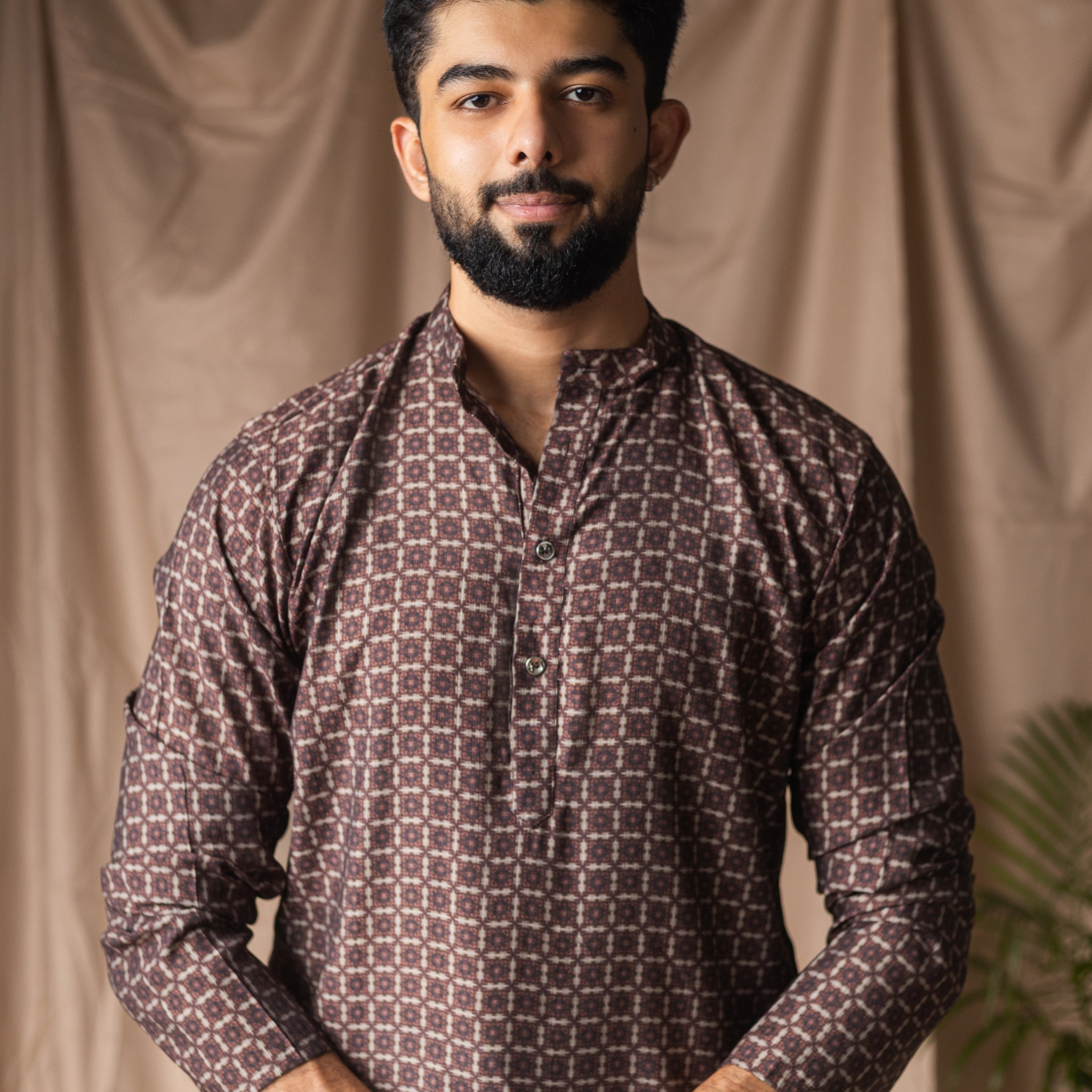 Brown Linen Blend Short Kurta