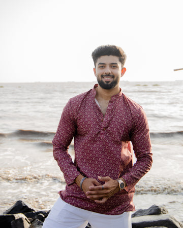 Maroon Floral Pattern Linen Short Kurta