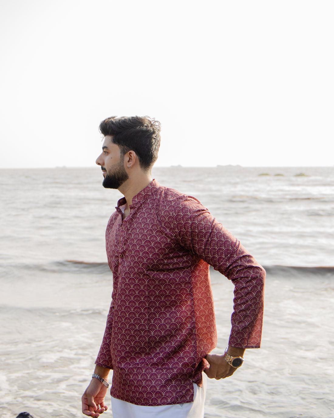 Maroon Floral Pattern Linen Short Kurta