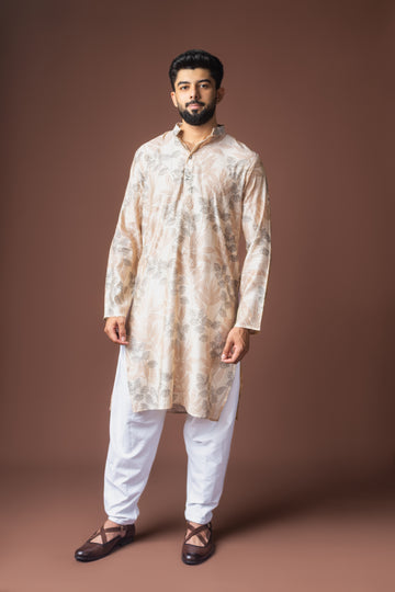 Off White Abstract Print Work Kurta