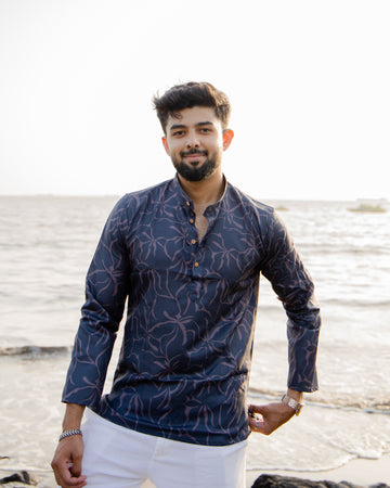 Midnight Navy Floral Print Short Kurta