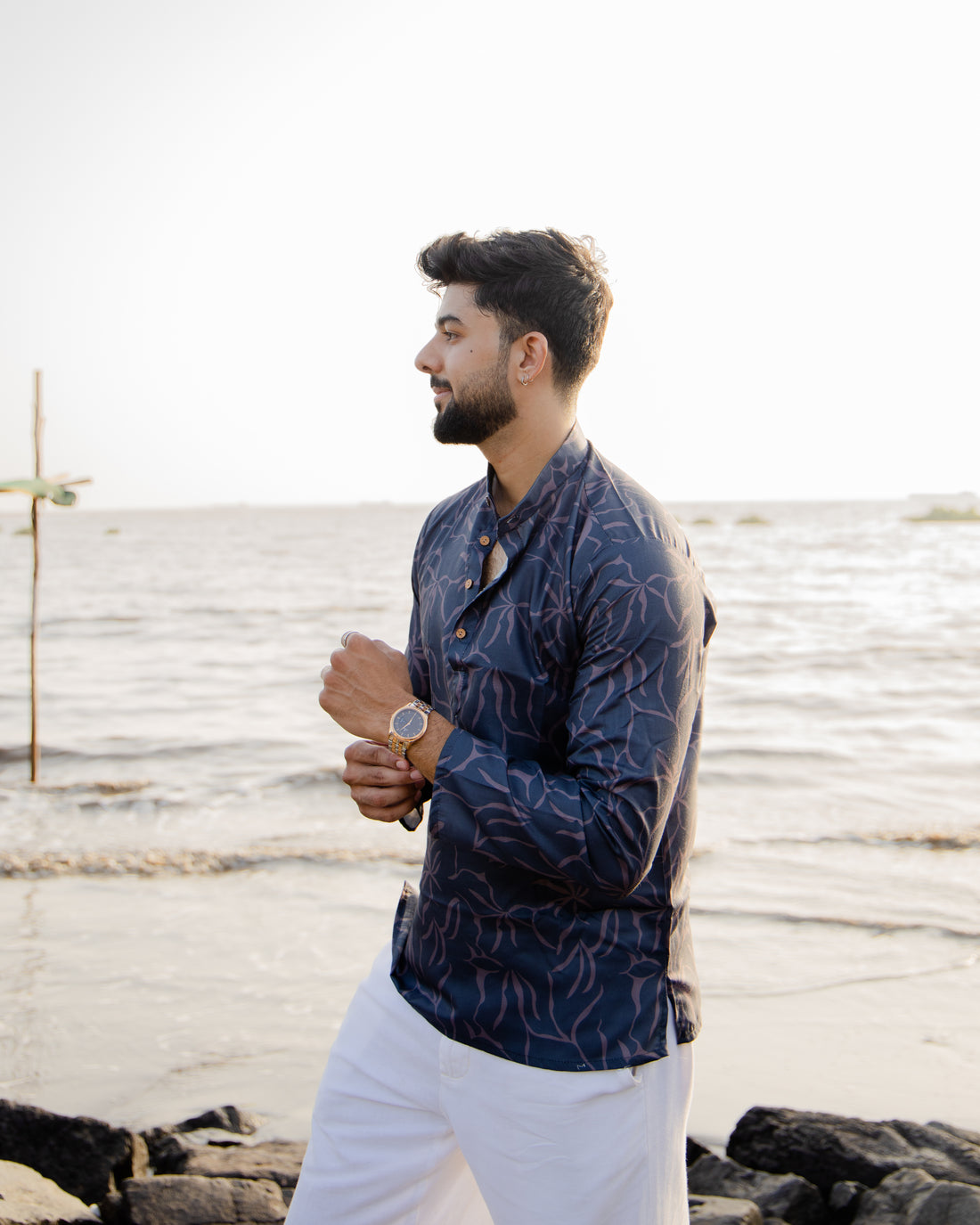 Midnight Navy Floral Print Short Kurta