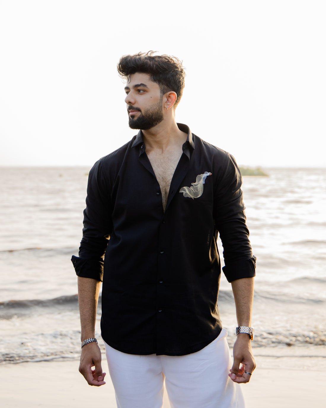 Black Linen Resort Shirt with Feather Embroidery
