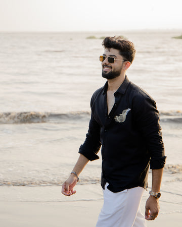 Black Linen Resort Shirt with Feather Embroidery