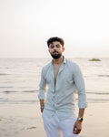 Sea Mist Linen Shirt - linen blend shirt for men, front view | Rawayi