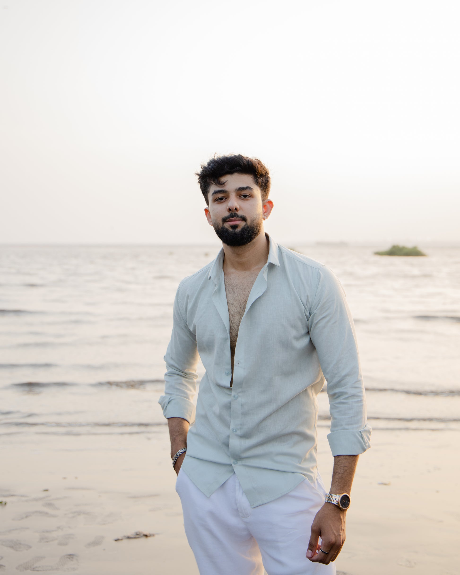 Sea Mist Linen Shirt - linen blend shirt for men, front view | Rawayi