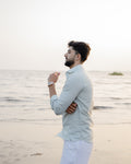 Sea Mist Linen Shirt - linen blend shirt for men, back view | Rawayi