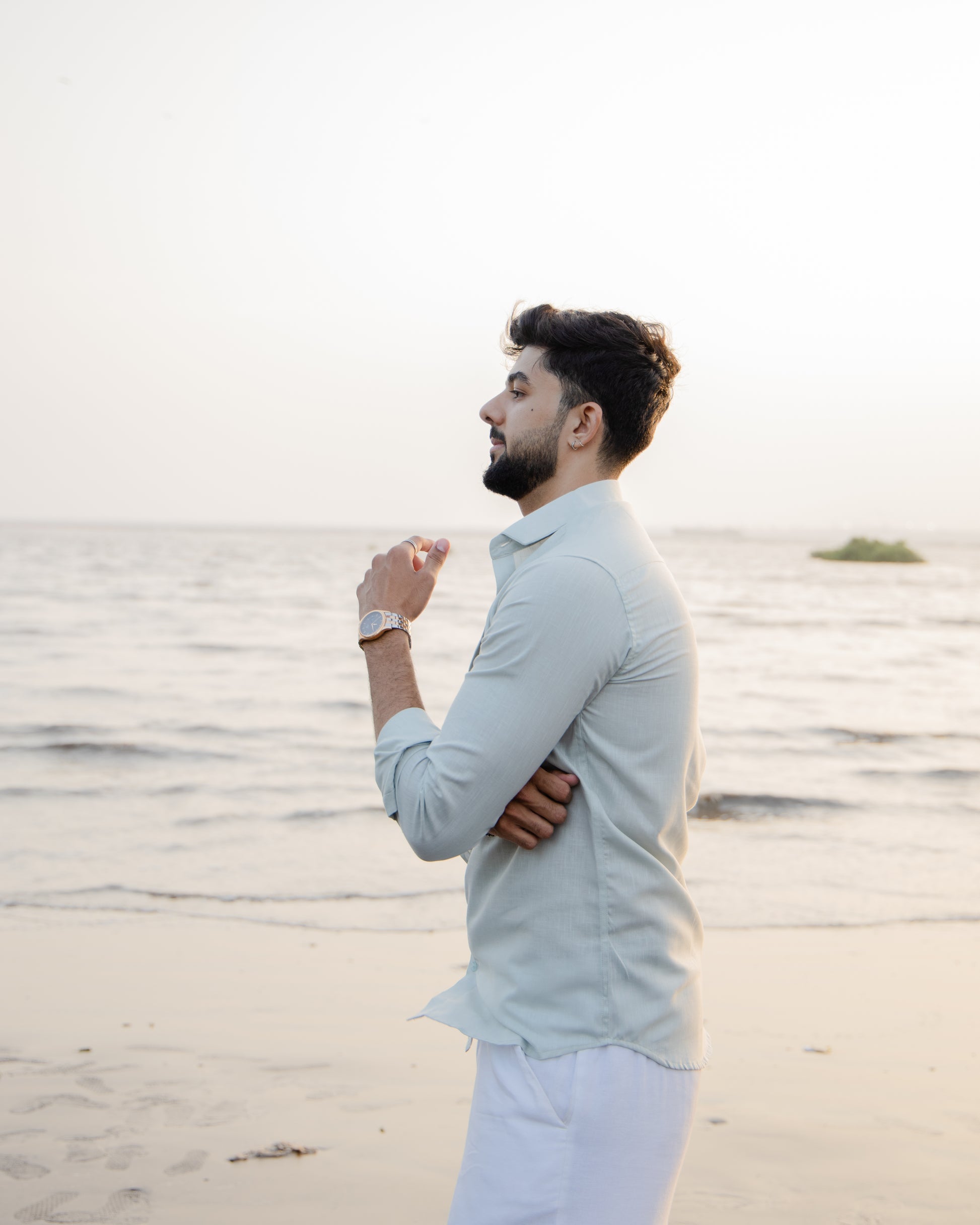 Sea Mist Linen Shirt - linen blend shirt for men, back view | Rawayi