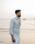 Sea Mist Linen Shirt - linen blend shirt for men, fabric detail close-up | Rawayi