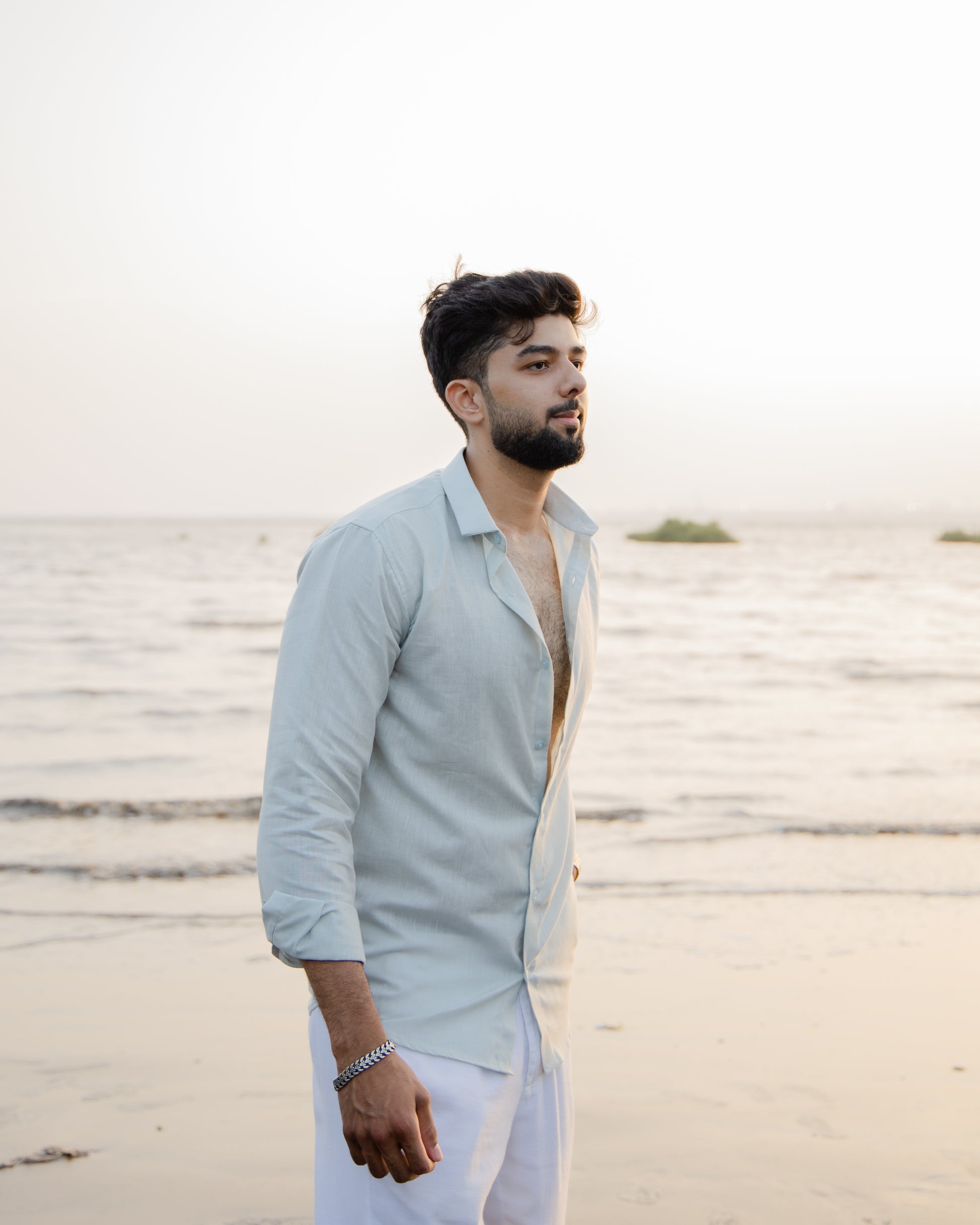 Sea Mist Linen Shirt - linen blend shirt for men, fabric detail close-up | Rawayi