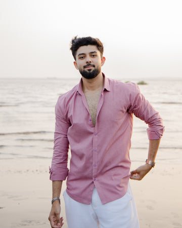 Dusty Pink Linen Shirt - linen blend shirt for men, front view | Rawayi