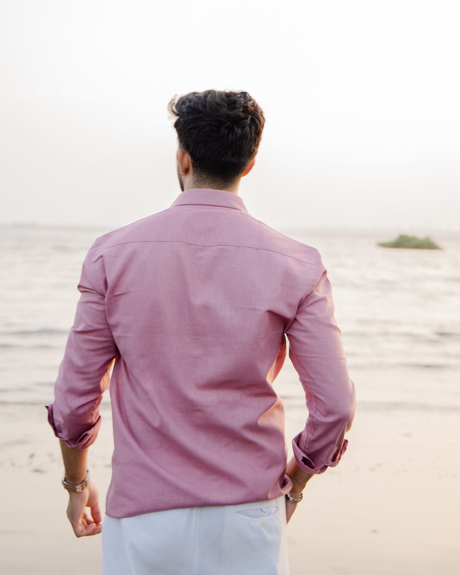 Dusty Pink Linen Shirt - linen blend shirt for men, back view | Rawayi