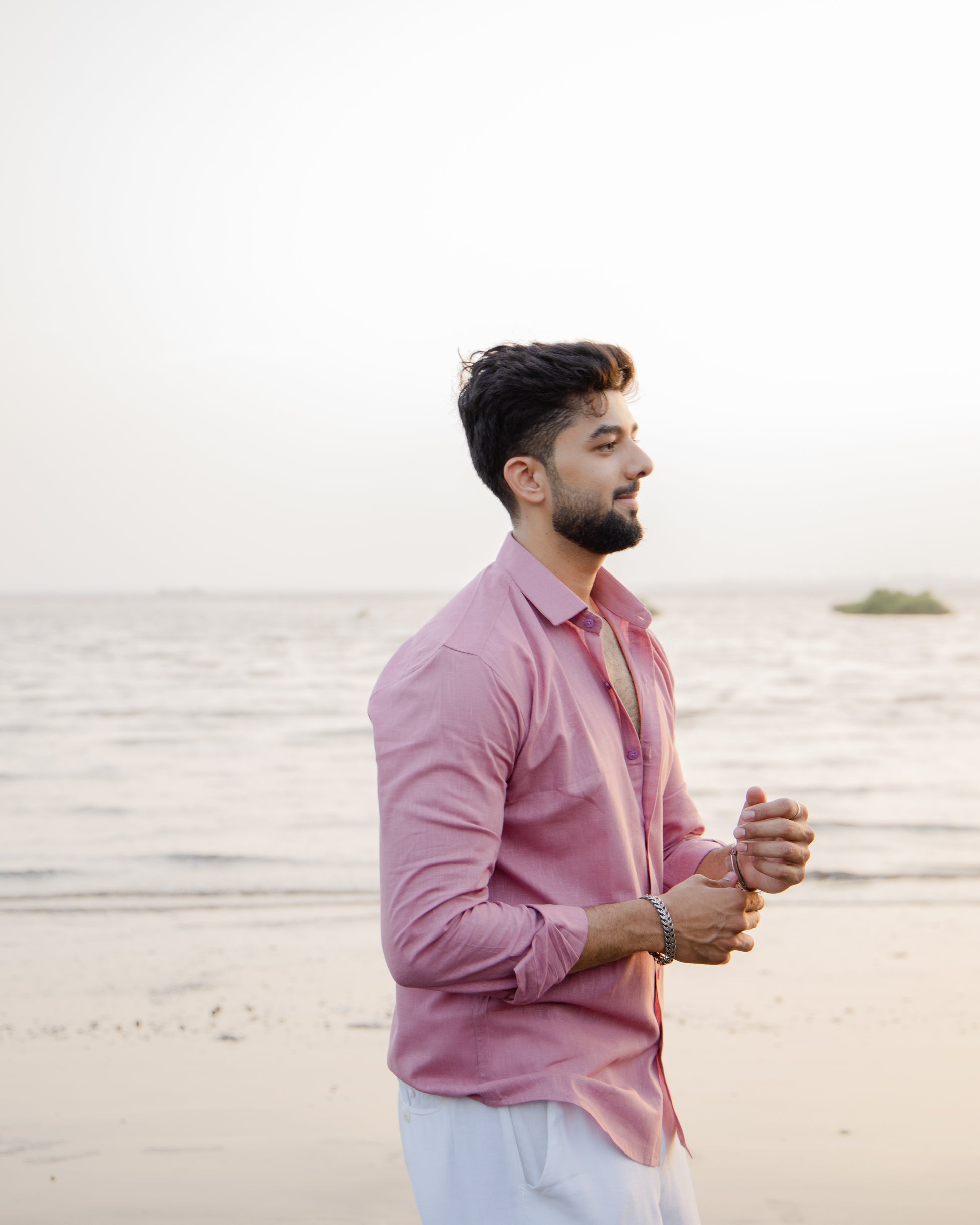 Dusty Pink Linen Shirt - linen blend shirt for men, styled look | Rawayi