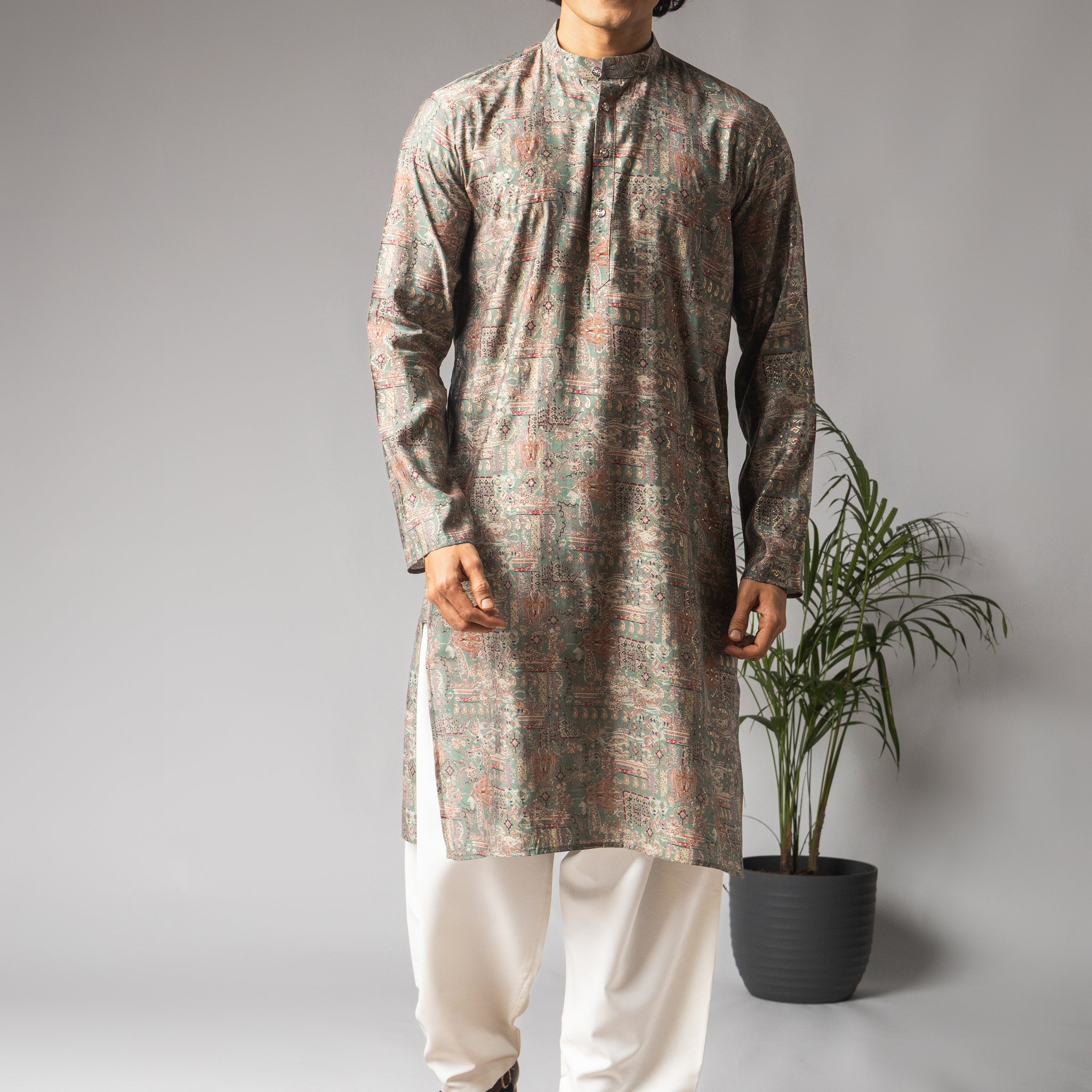 Ash Green Abstract Print Kurta