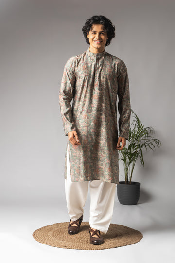 Ash Green Abstract Print Kurta
