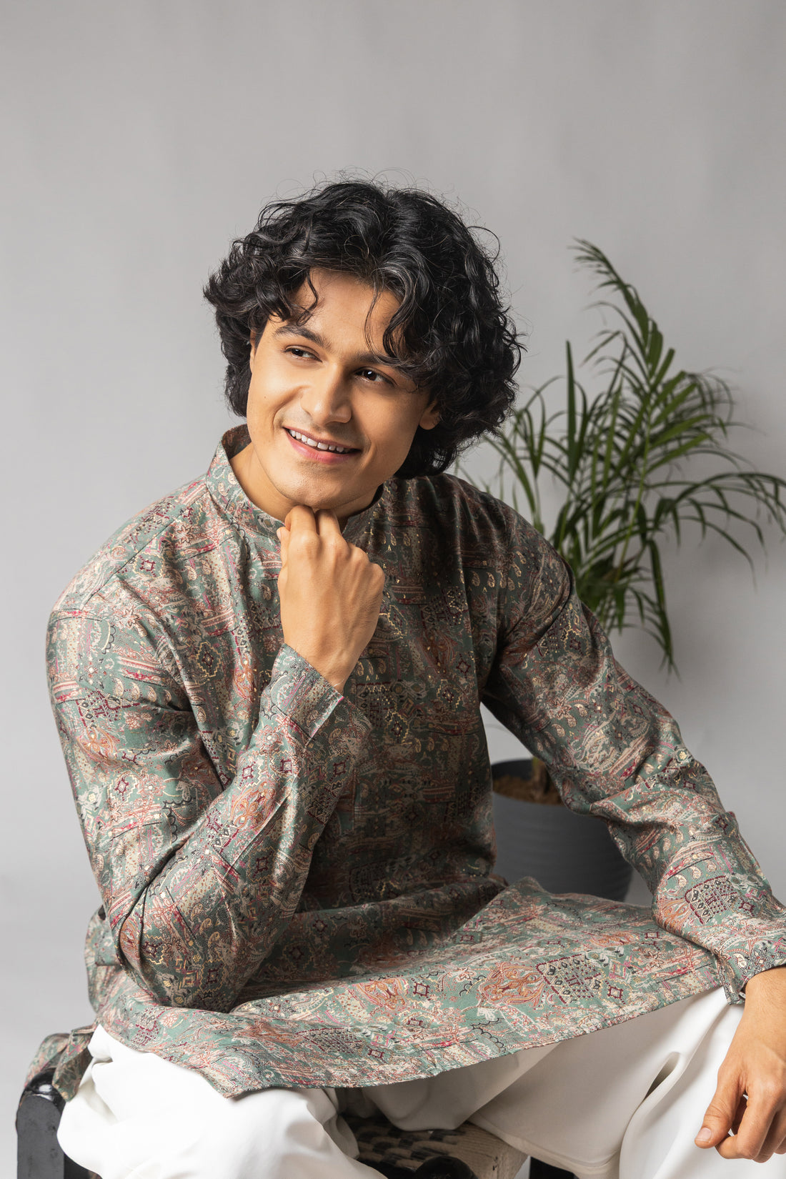 Ash Green Abstract Print Kurta