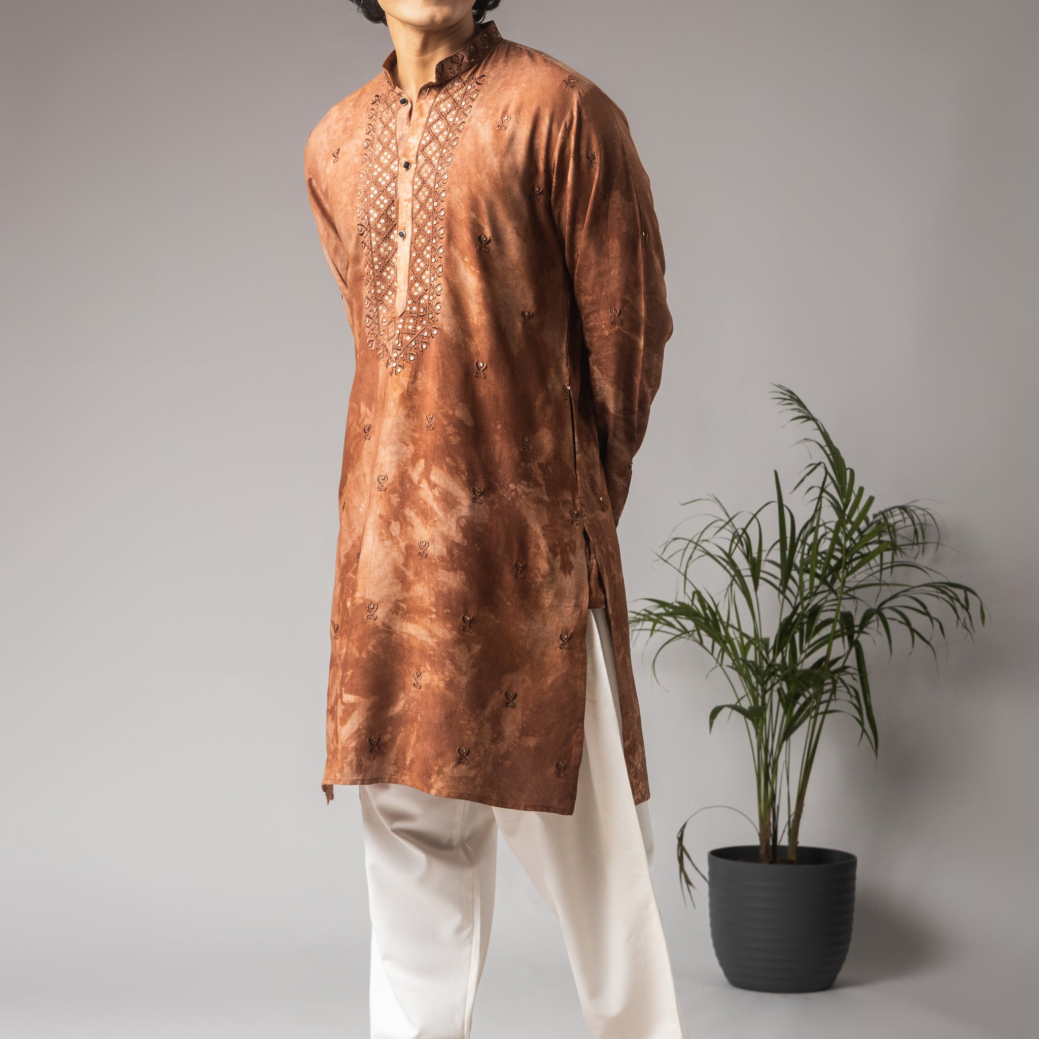 Reddish Brown Abstract Print Neck Work Kurta