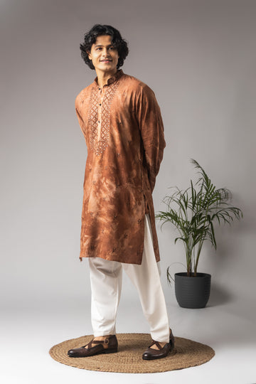 Reddish Brown Abstract Print Neck Work Kurta
