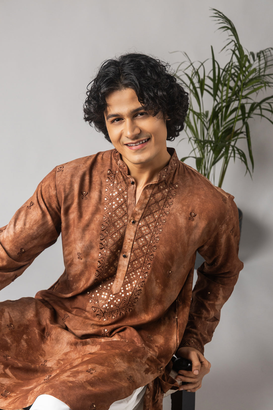 Reddish Brown Abstract Print Neck Work Kurta