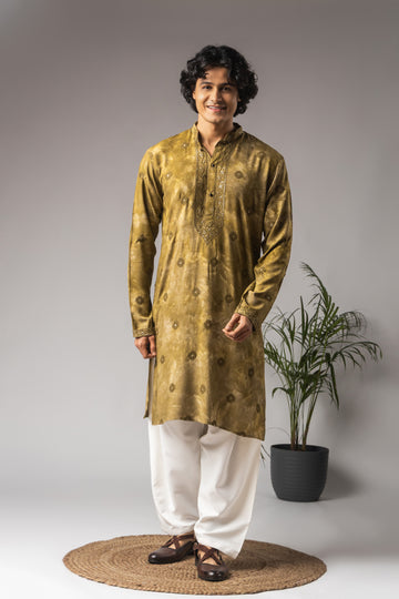Green Tie Dye Neck Work Kurta