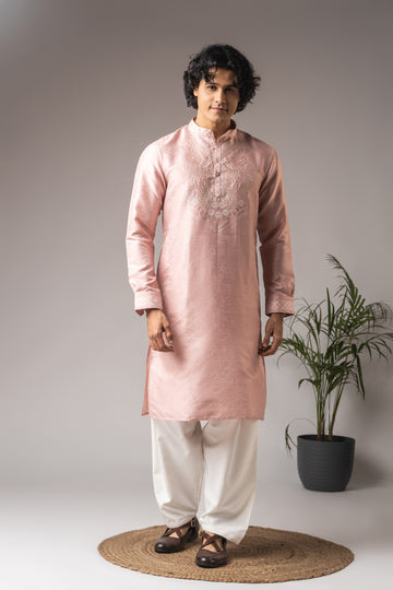 Pink Neck Work Jacquard Kurta
