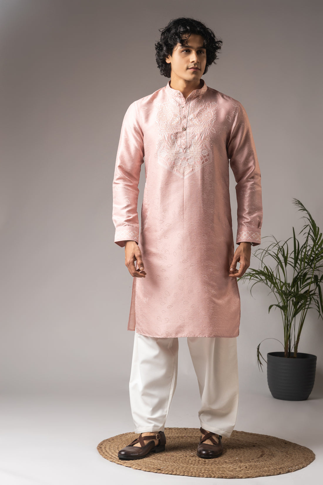 Pink Neck Work Jacquard Kurta