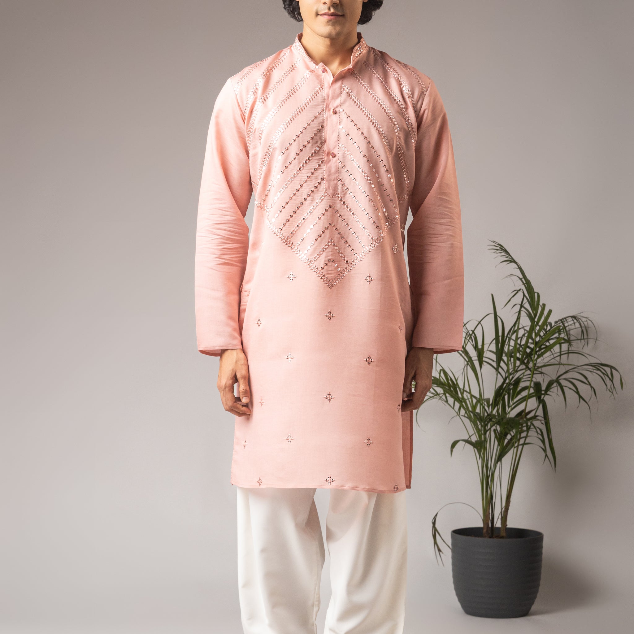 Pink Neck Work Embroidery Kurta