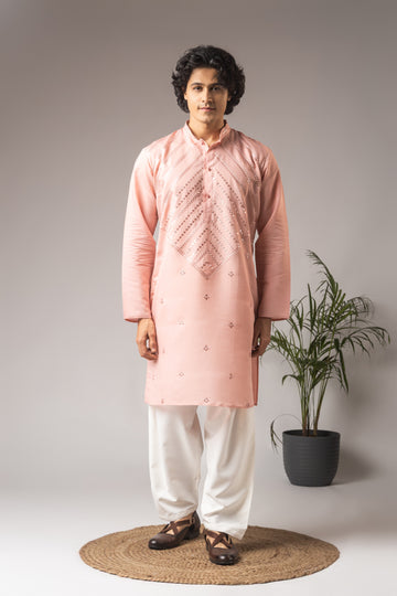 Pink Neck Work Embroidery Kurta
