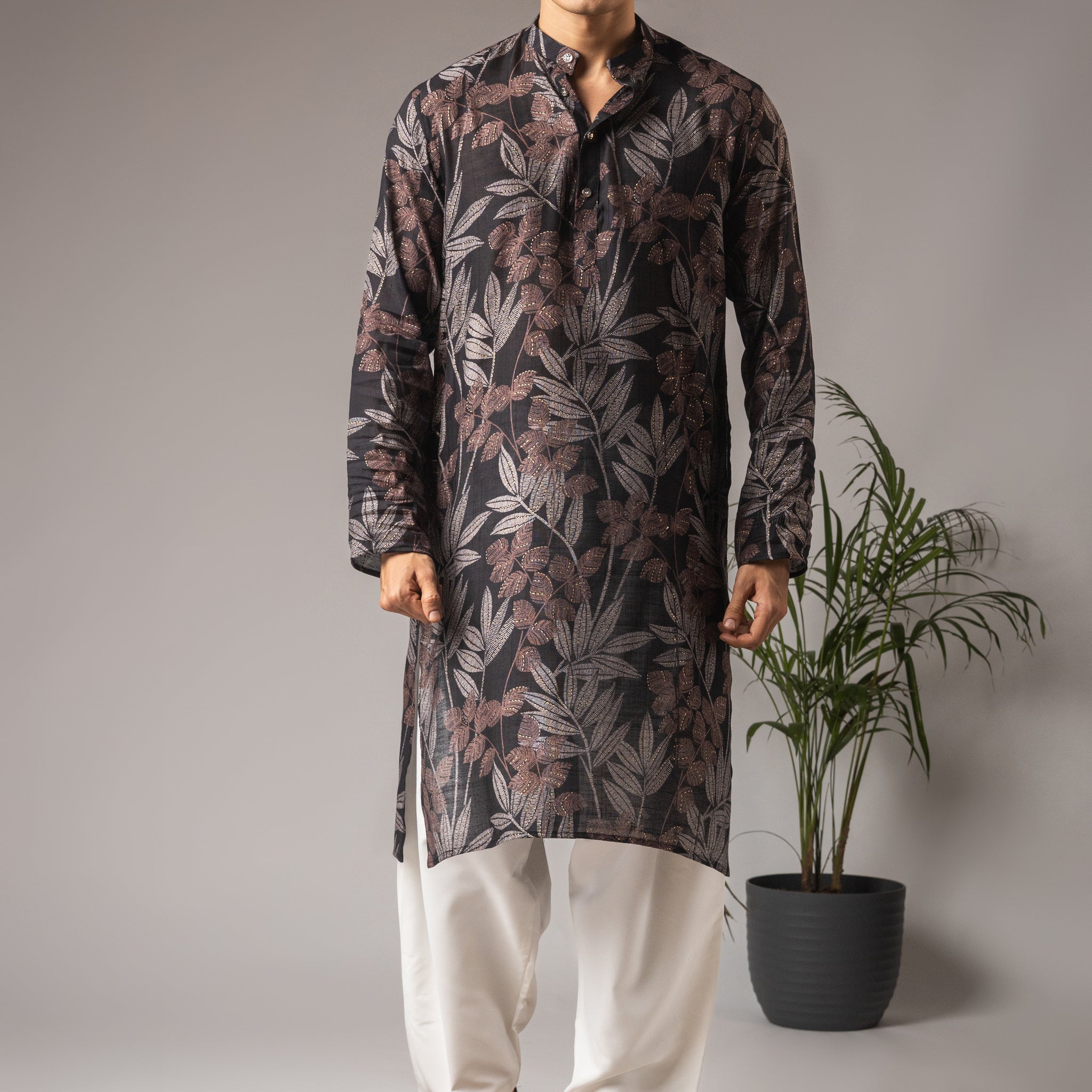 Black Abstract Print Work Kurta