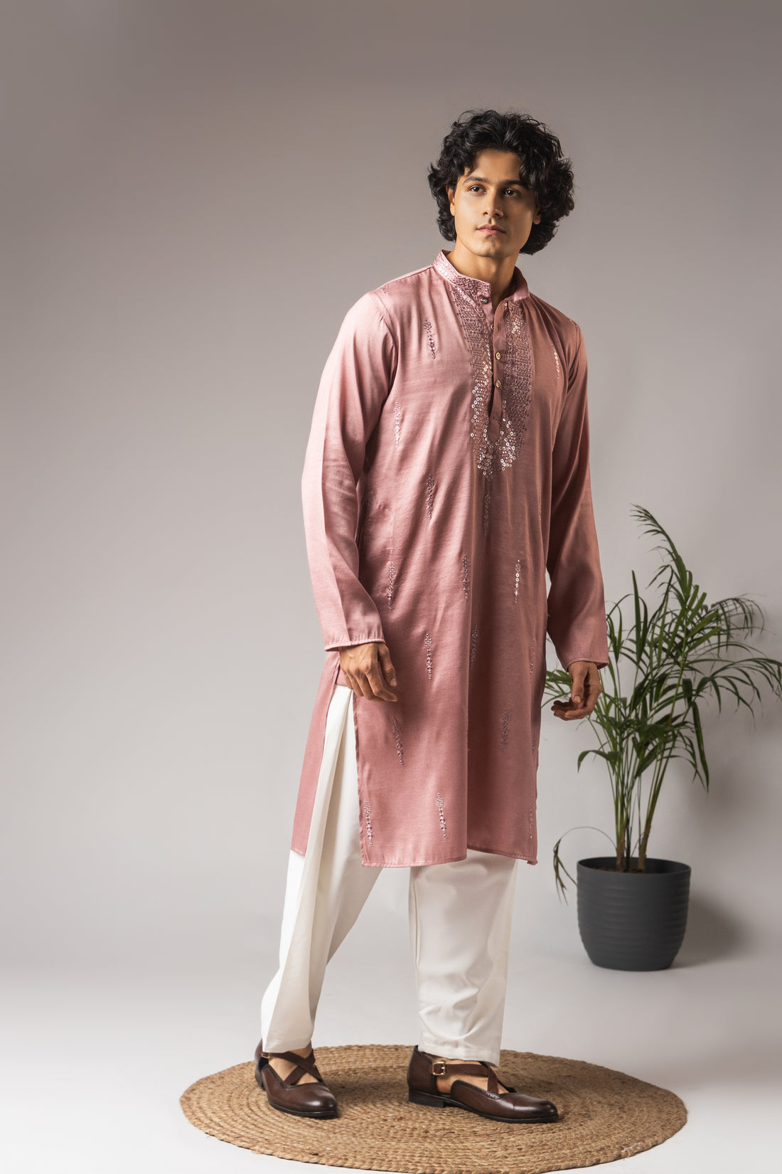 Pink Neck Work Kurta