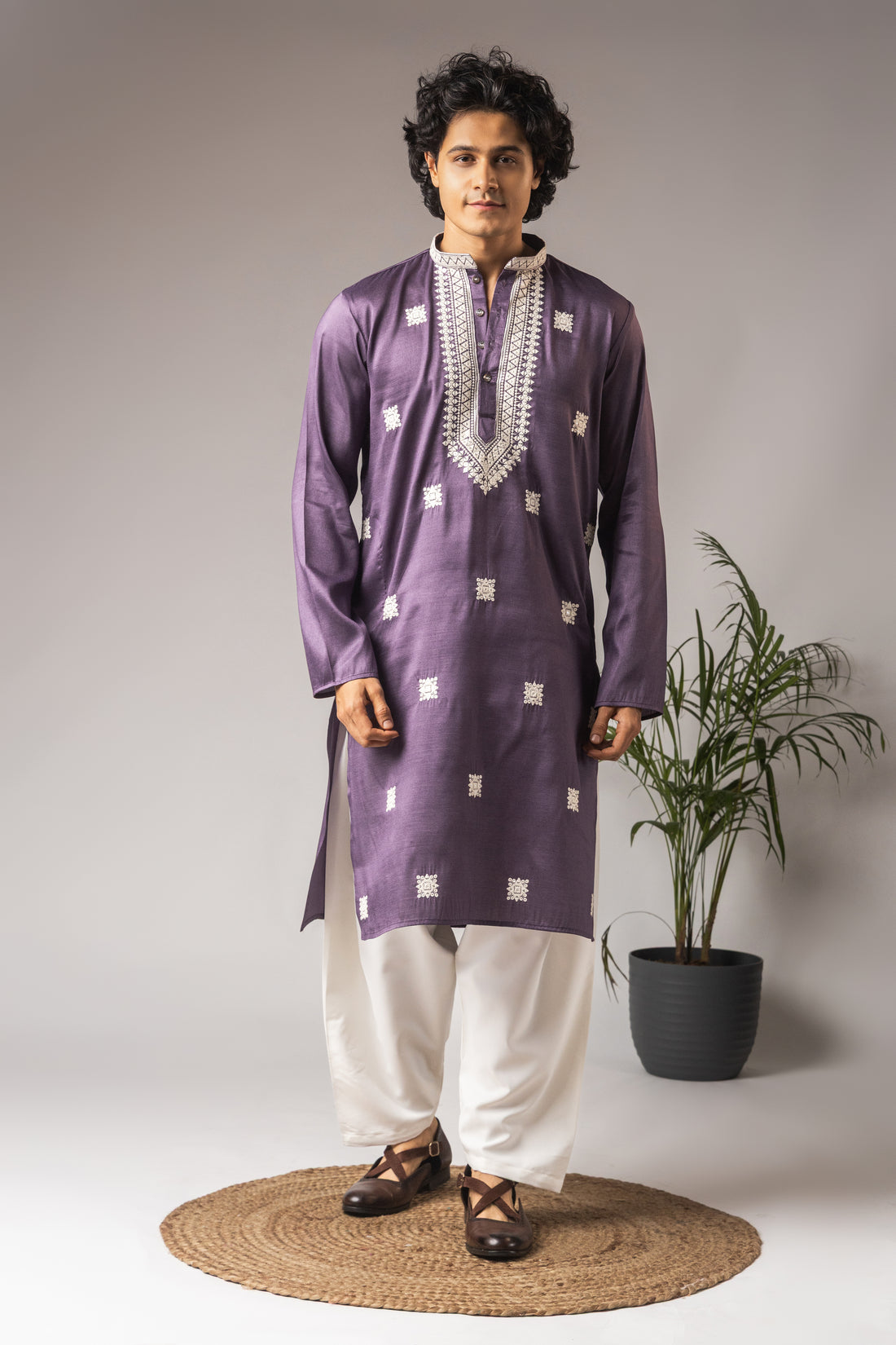 Purple Neck Work Kurta