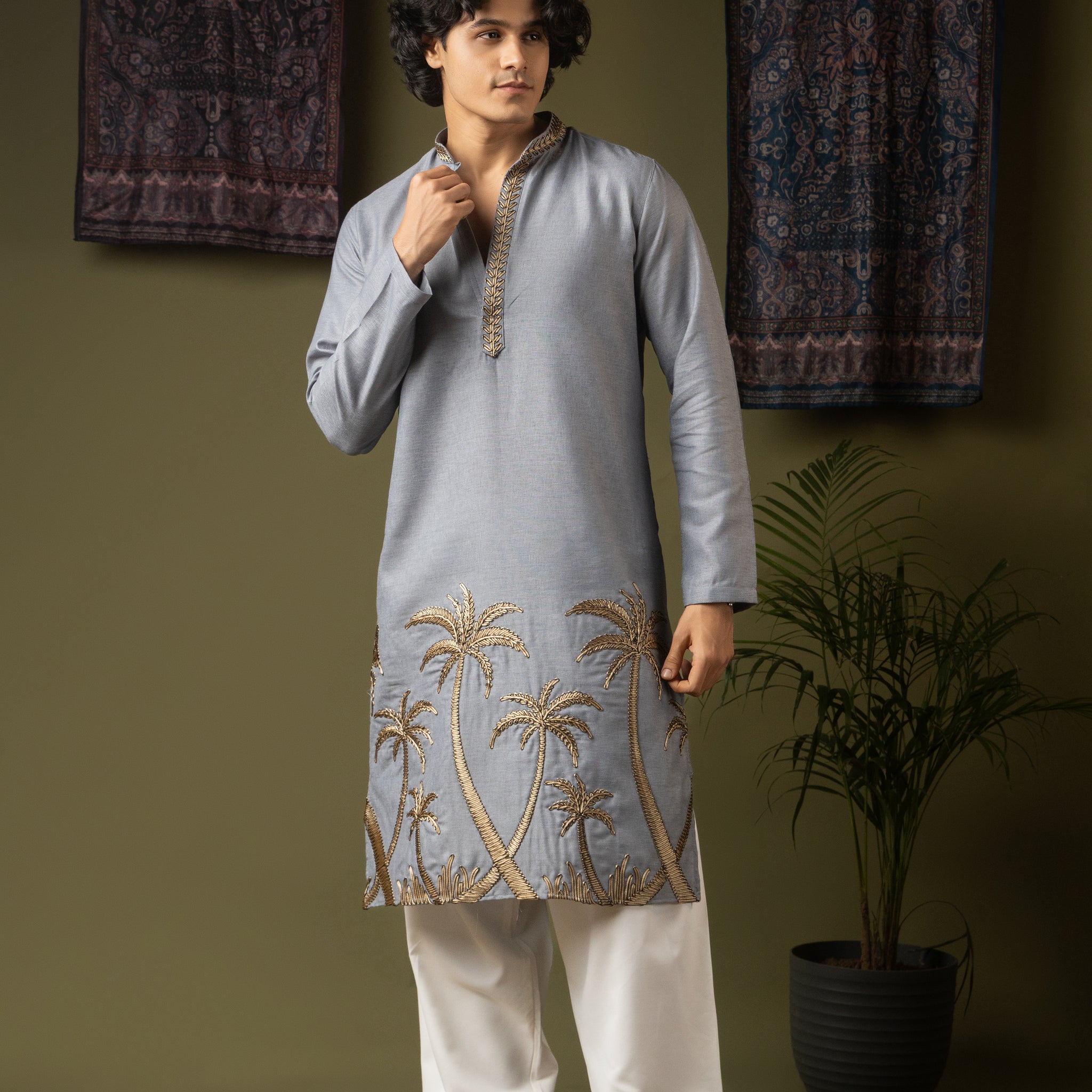 Greyish Blue Embroidery Kurta