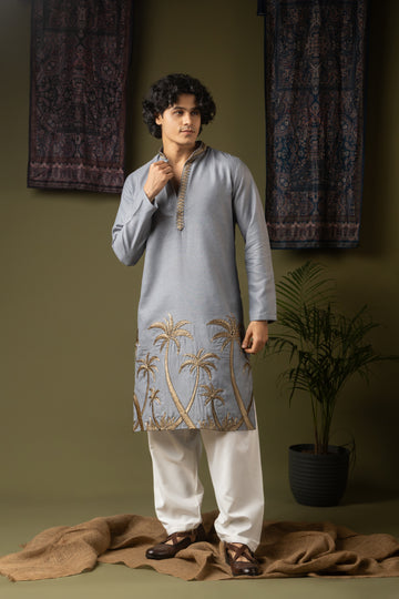 Greyish Blue Embroidery Kurta