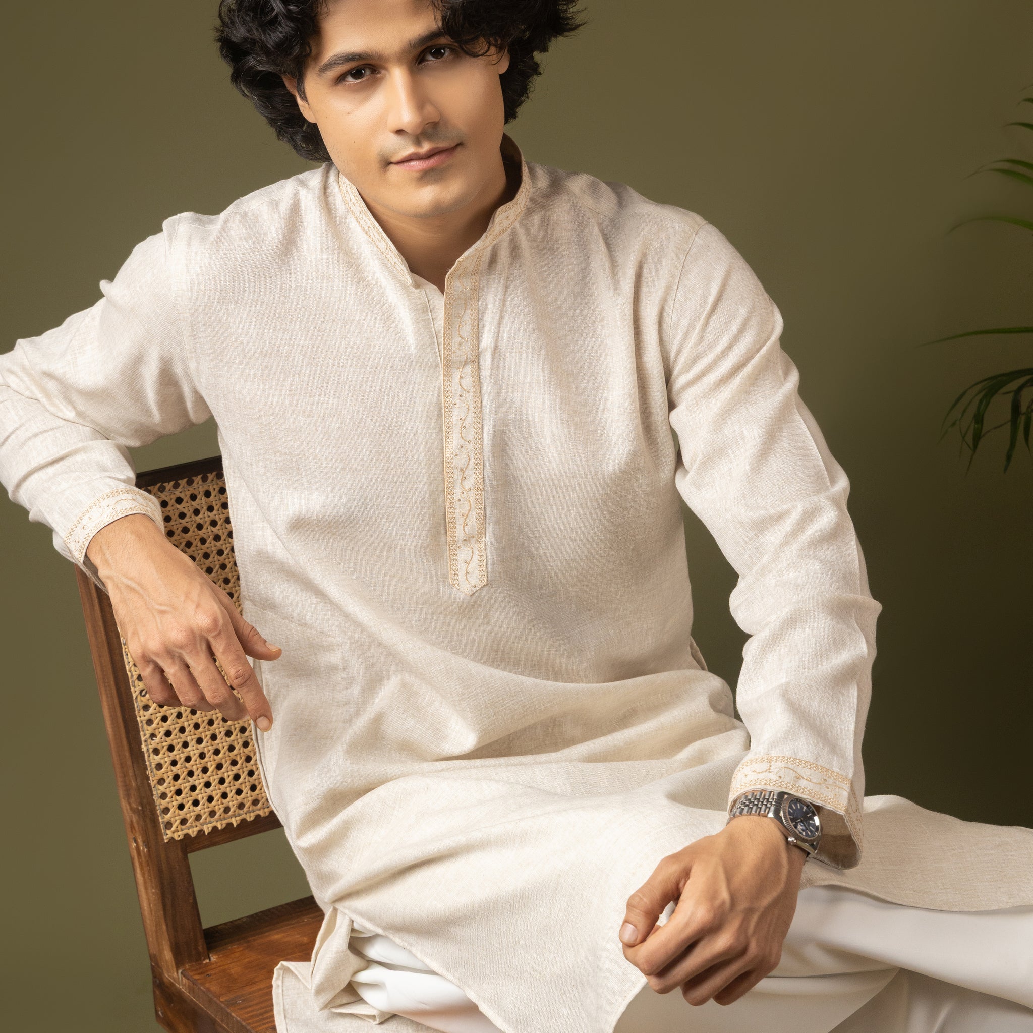 Cream Embroidery Linen Kurta