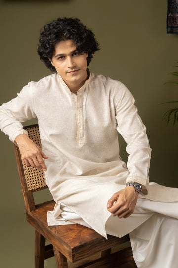 Cream Embroidery Linen Kurta