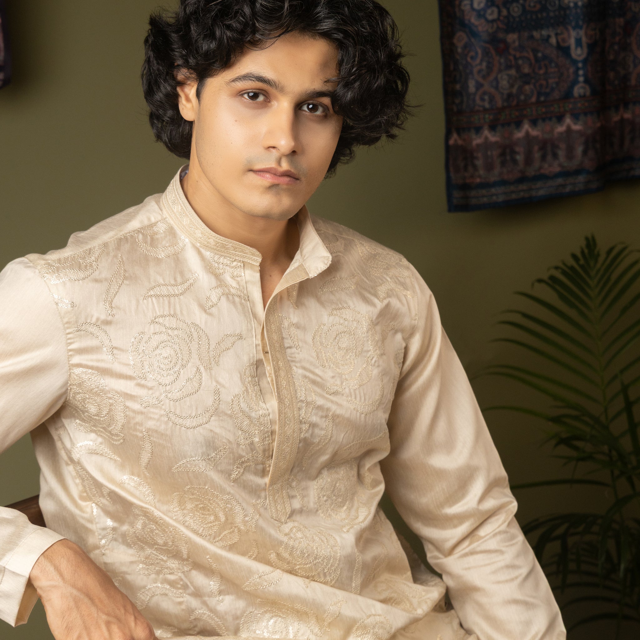 Cream Color Rose Embroidery Kurta
