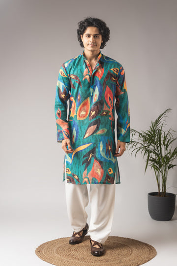Peacock Green Linen Printed Kurta