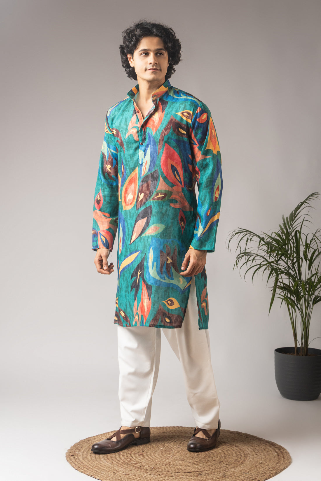 Peacock Green Linen Printed Kurta