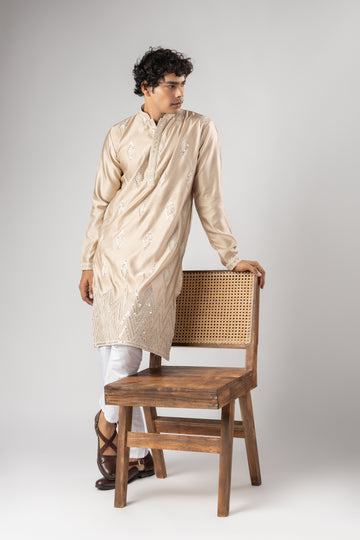 Beige Champagne Embroidered Work Kurta