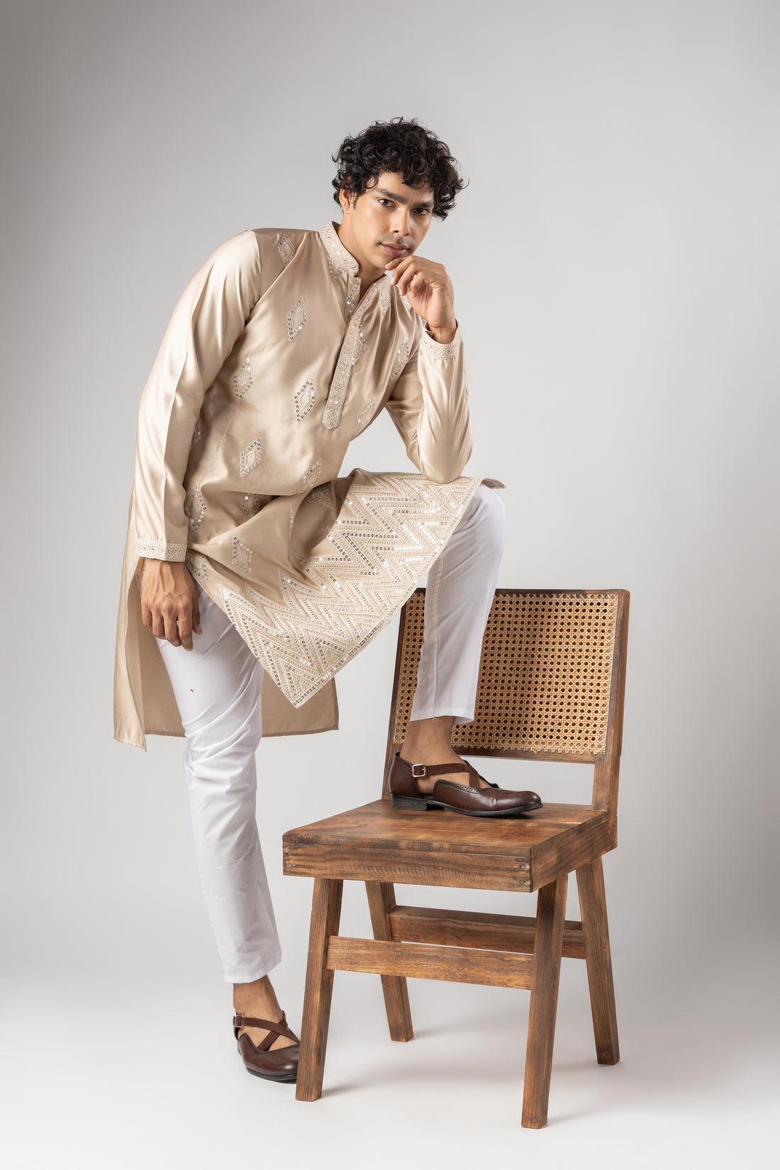 Beige Champagne Embroidered Work Kurta