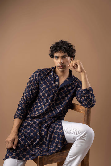 Navy Blue Lucknowi Embroidery Kurta