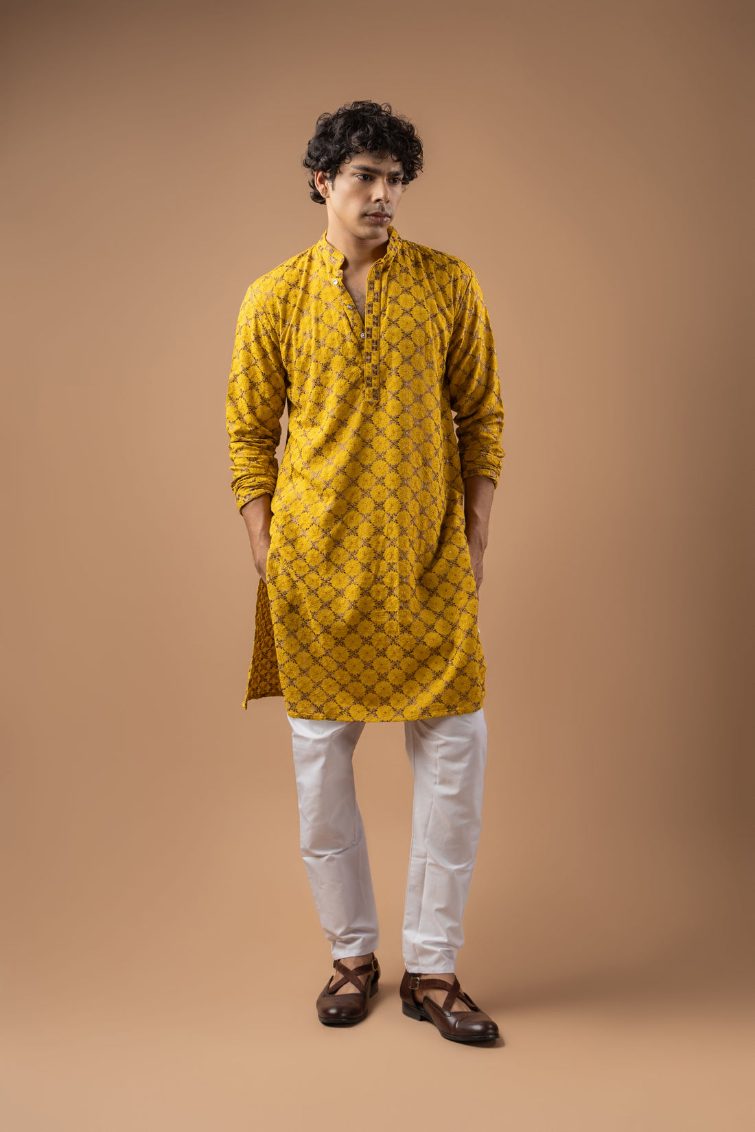 Mustard Lucknowi Embroidery Kurta
