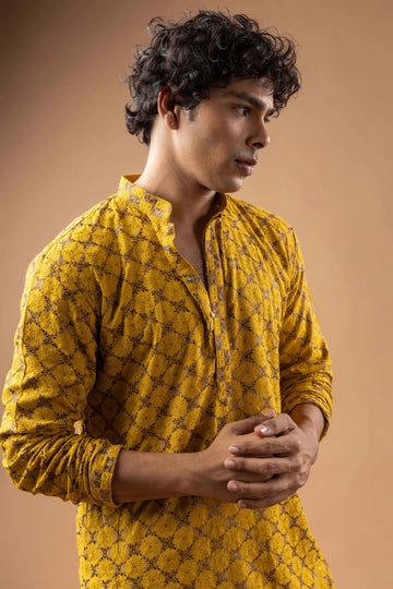 Mustard Lucknowi Embroidery Kurta