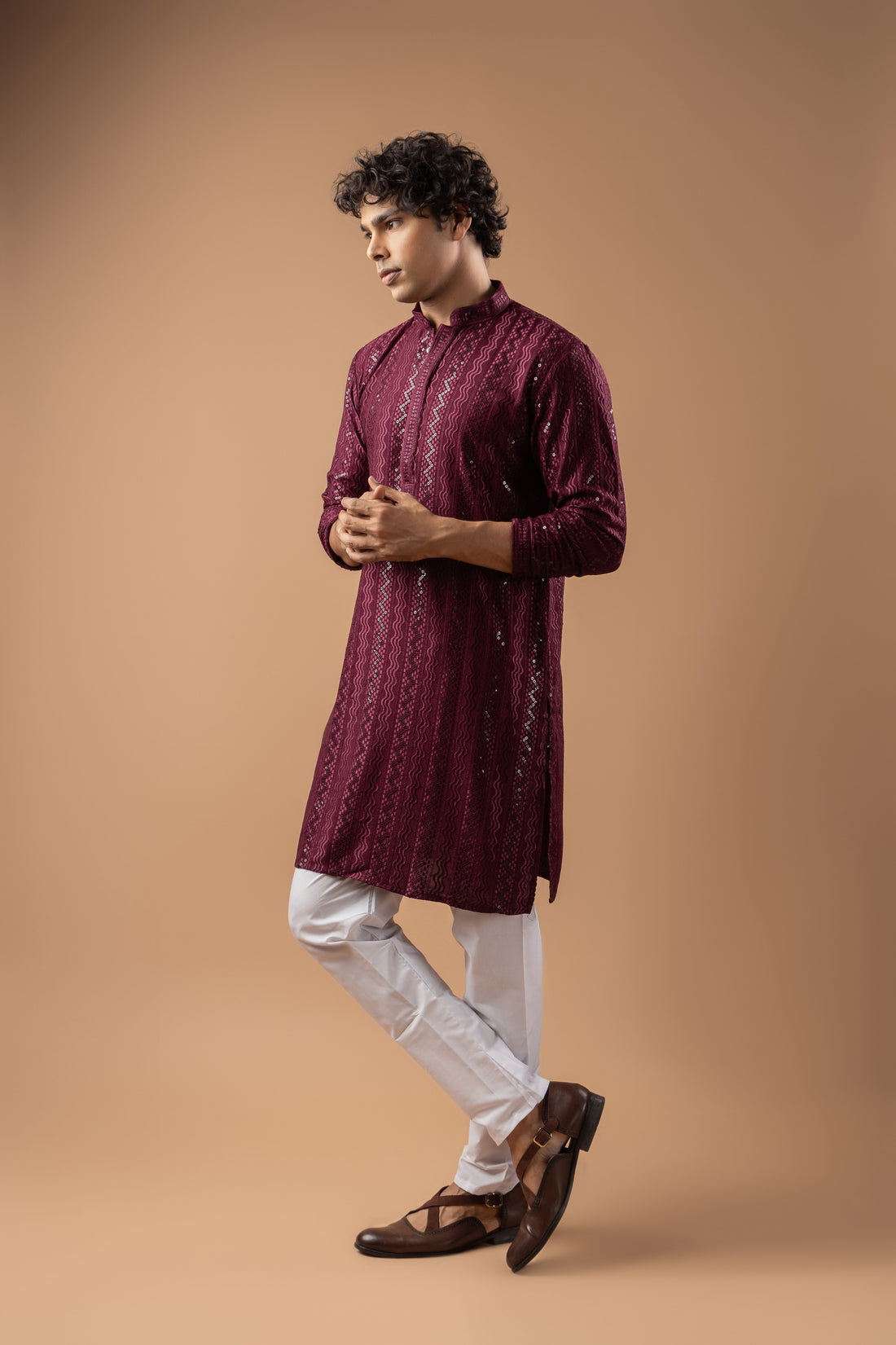 Wine Embroidery Kurta