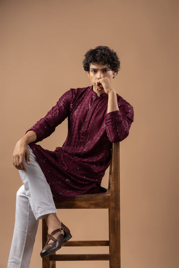 Wine Embroidery Kurta