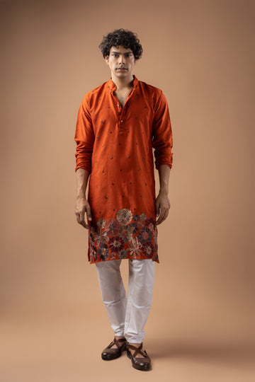 Rustic Orange Floral Embroidered Kurta